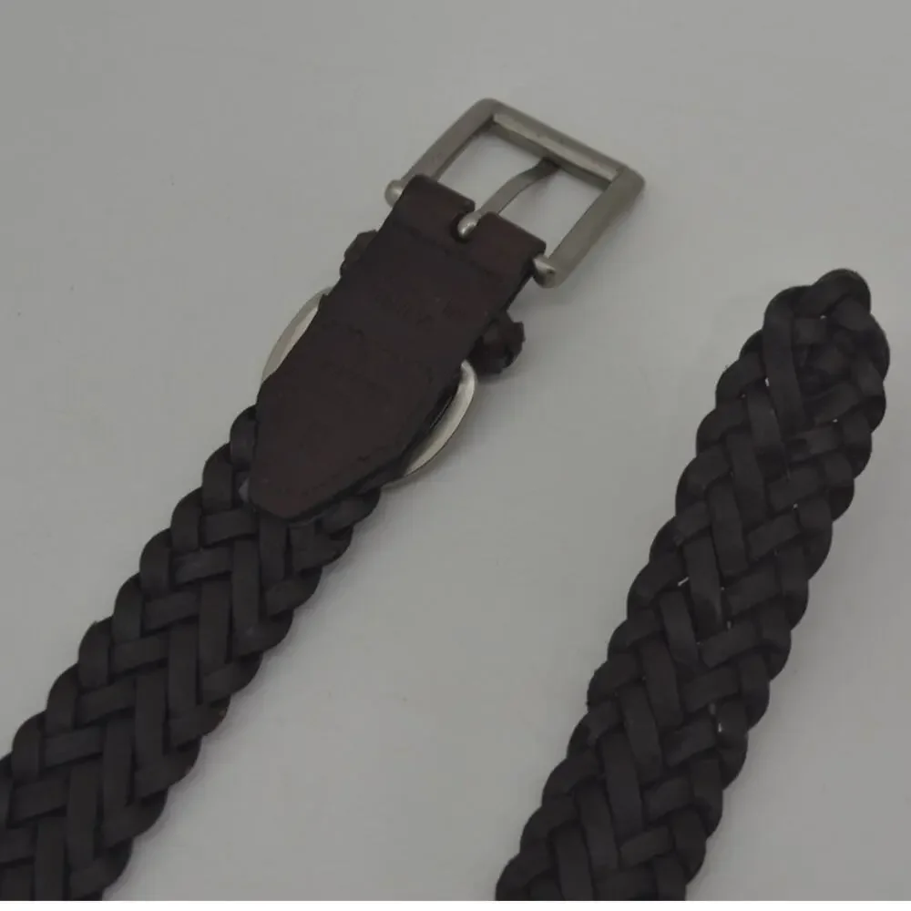 CRL Brown Leather Braided Weaved Men's Belt Silver Size 38